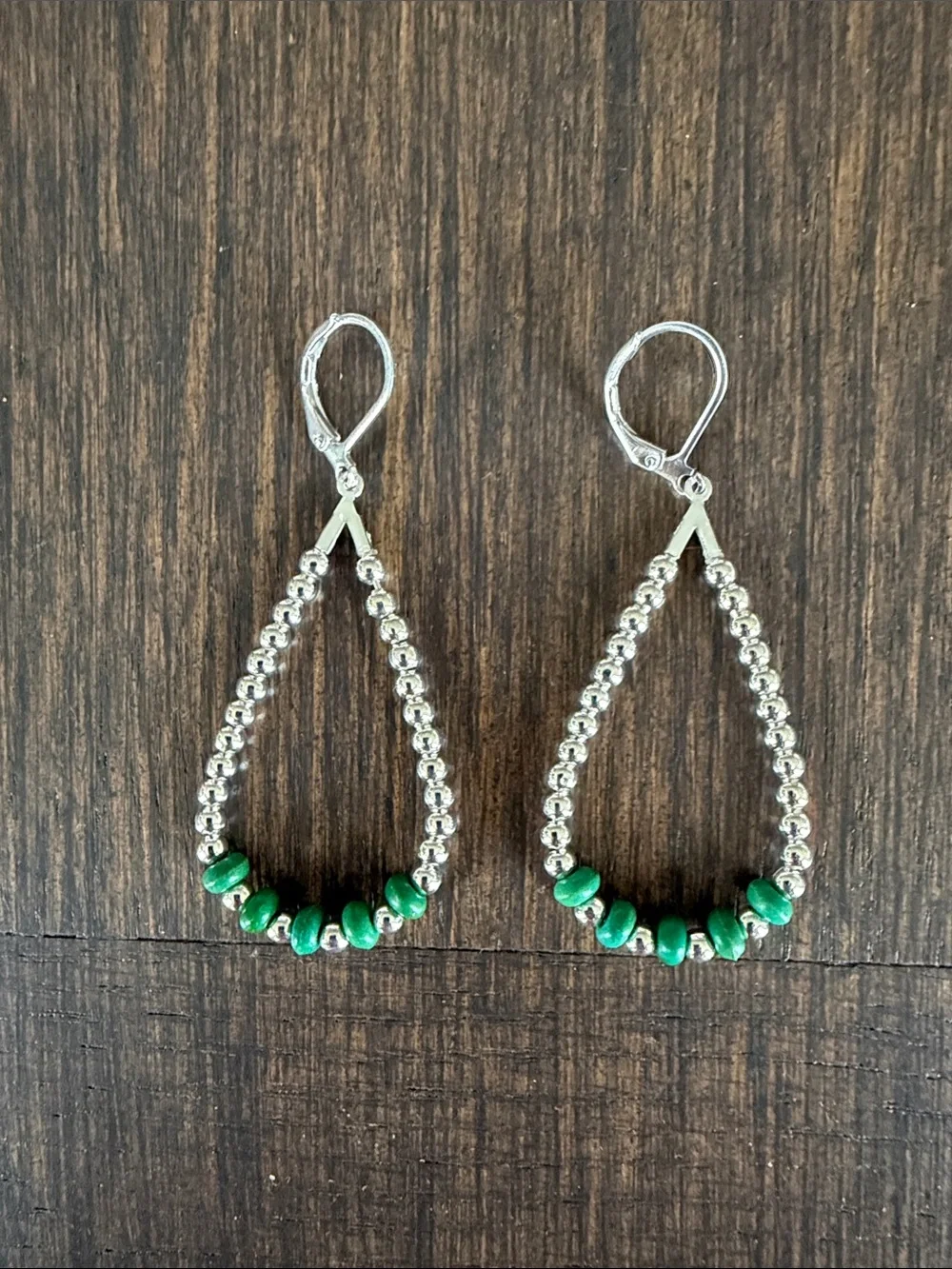 HAND CRAFTED GREEN APPLE TURQUOISE & SILVER TEARDROP HOOP EARRINGS